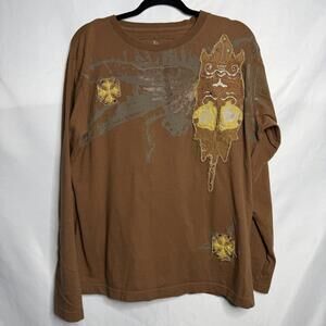 Franky Max Brown Embellished Cross Graphic Long Sleeve Shirt Men’s Large Y2K